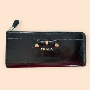 Prada Long Leather Zip Wallet with Bow & Gold Hardware, Option for Crossbody, EC